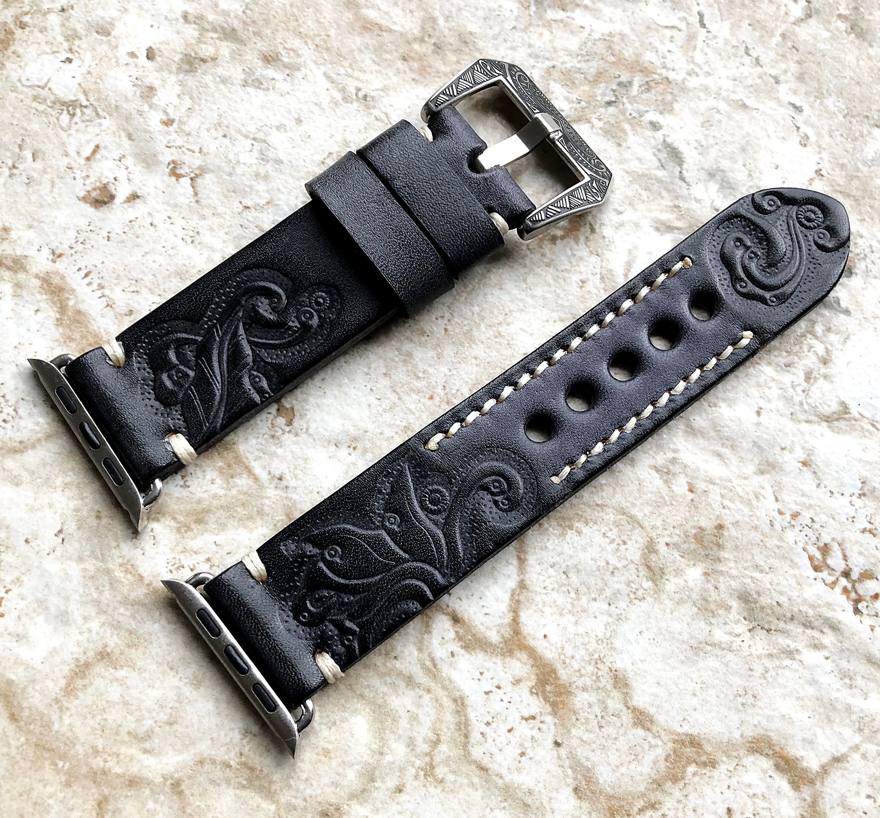 Apple Watch Black Gray Tooled Leather Band for iWatch Ultra 2 49mm and 9 8 Series 41mm 45mm Case Bracelet Tooled Embossed Handmade Strap